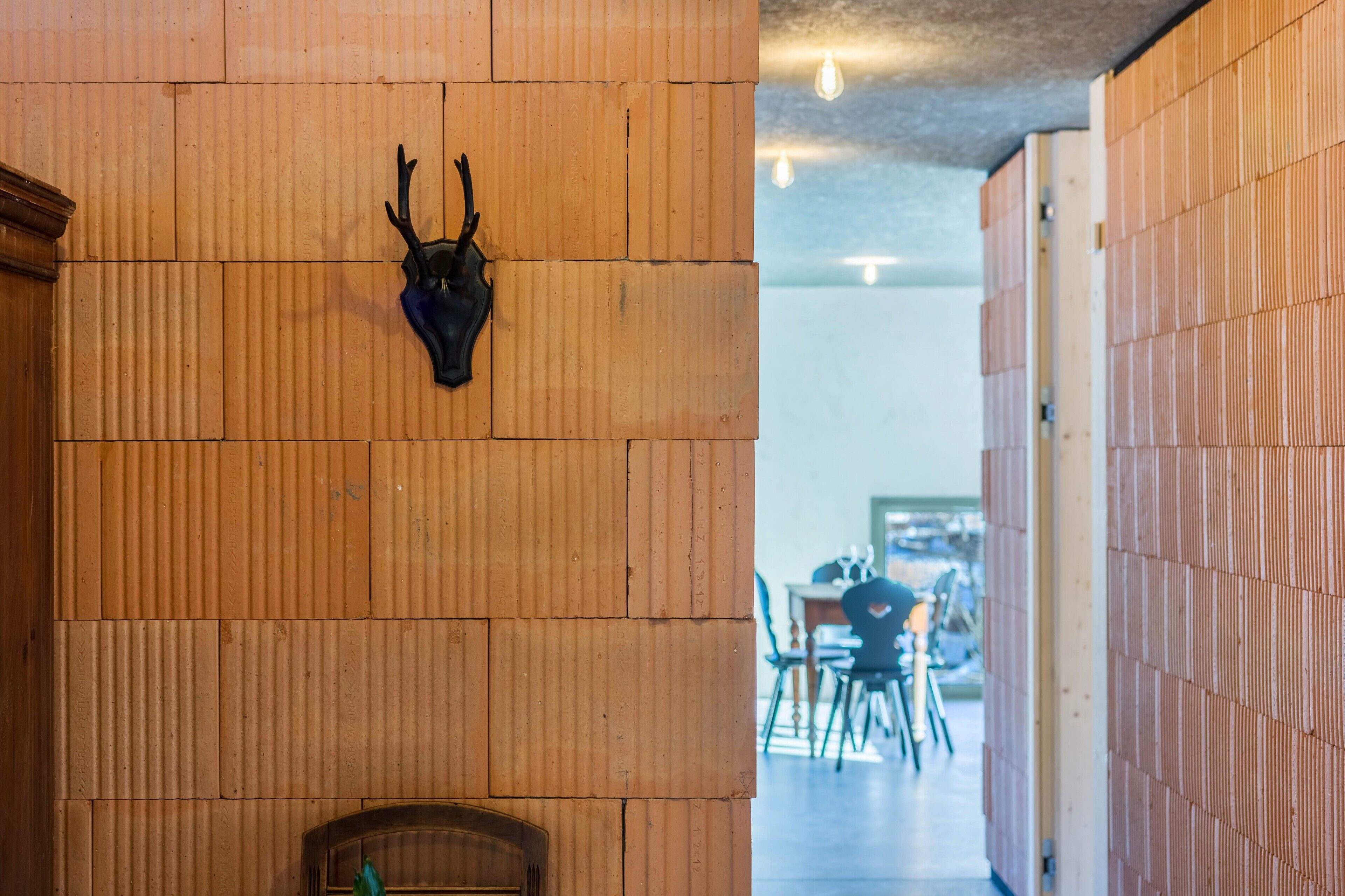 Un couloir aux murs recouverts de lambris en bois, avec un crâne d’animal accroché au mur.