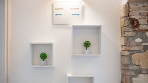 Una pared con tres estantes blancos, cada uno con una planta en maceta. Encima de los estantes hay un letrero con flechas apuntando a la izquierda y a la derecha, con las indicaciones 'GINEPRO' y 'ELICRISO'.
