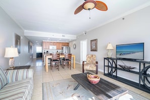 Condo, Multiple Beds, Balcony, Ocean View (Beachfront Haven) | Living area | 42-inch flat-screen TV with digital channels, TV - Beachfront Haven 2 BDR Kid-friendly Resort! (Panama City Beach)