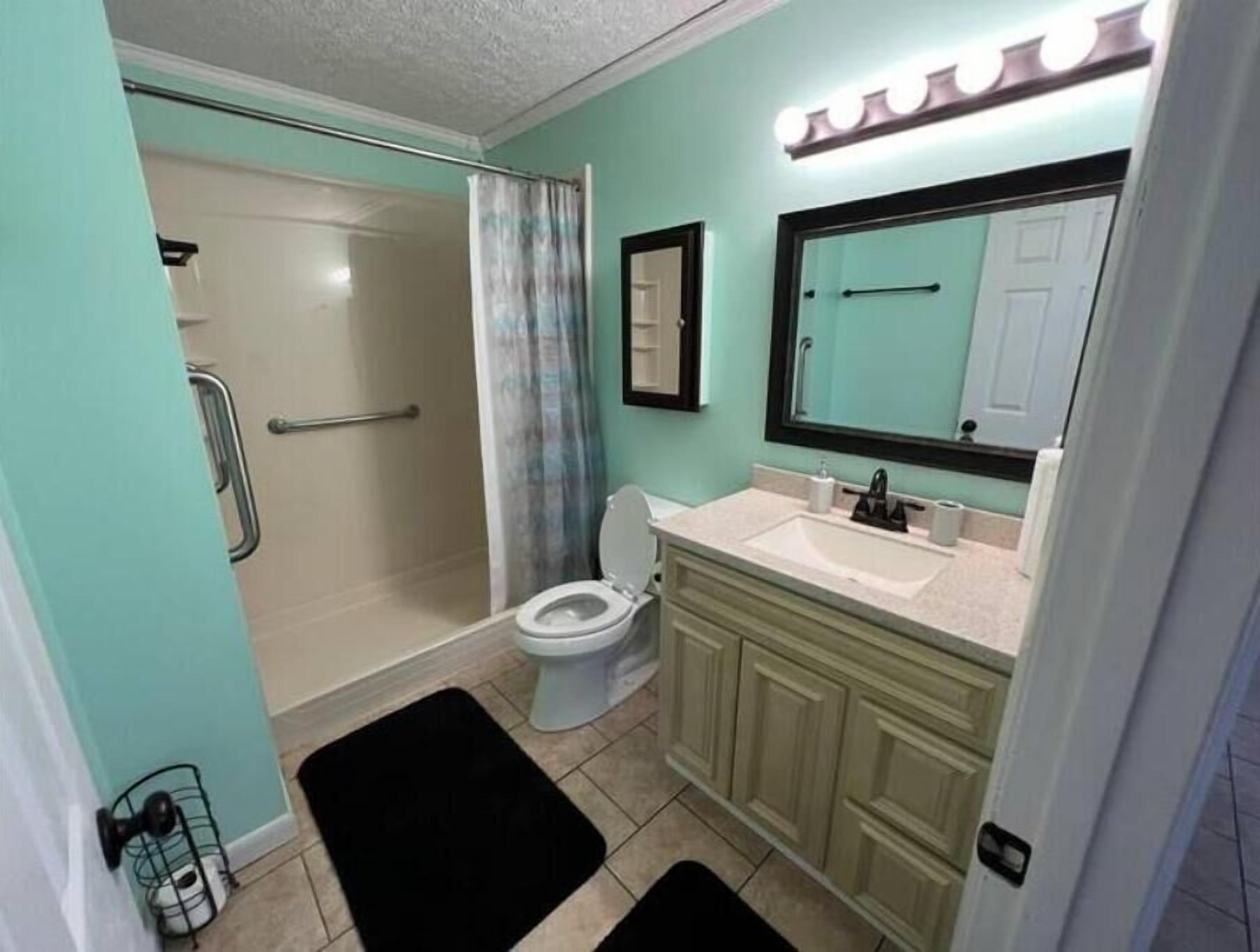 Hair dryer, towels, soap, toilet paper