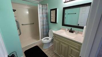 Hair dryer, towels, soap, toilet paper