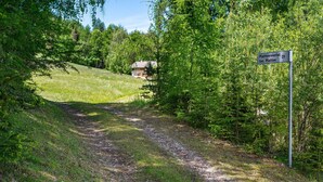 A rural path leading to a house with a sign indicating 'Plattnerwertel Loc. Platten.'