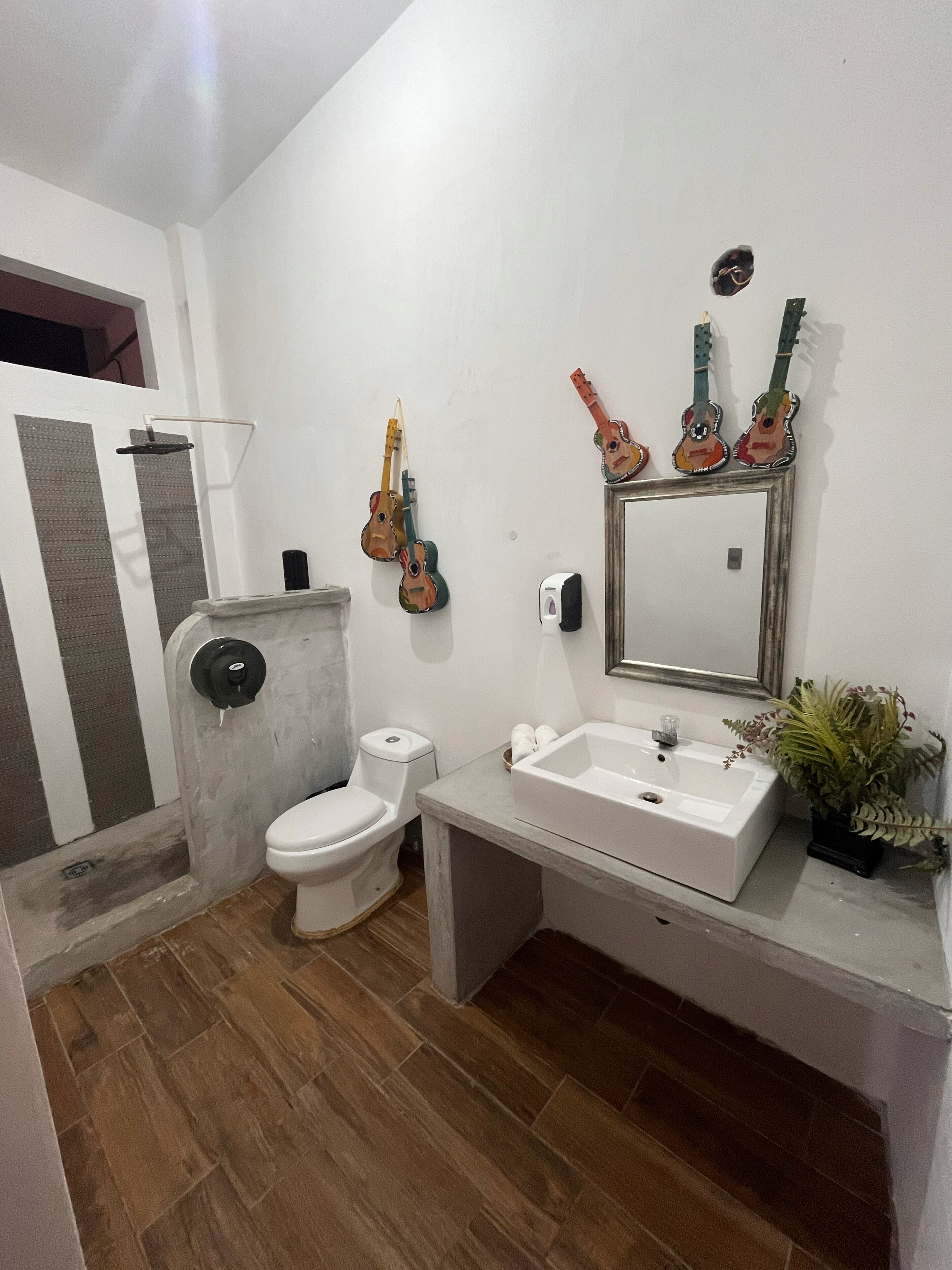 Une salle de bain avec des toilettes, un lavabo et un miroir. Il y a des guitares accrochées au mur.