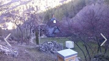 Ein kleines, rustikales Haus mit geneigtem Dach, umgeben von Bäumen und felsigem Gelände.