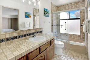 House, Multiple Beds, Patio, Garden View (La Selva Beach Haven) | Bathroom | Combined shower/tub, hair dryer, towels - Secluded 3 BDR Home Steps to Beach (Watsonville)