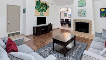 House, Multiple Beds, Patio, Garden View (La Selva Beach Haven) | Living area | 42-inch flat-screen TV with digital channels, fireplace