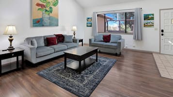 House, Multiple Beds, Patio, Garden View (La Selva Beach Haven) | Living area | 42-inch flat-screen TV with digital channels, fireplace