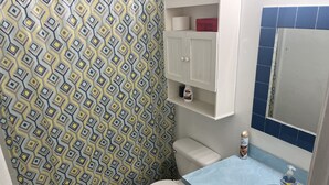 A bathroom with a patterned shower curtain, a toilet, a sink with a mirror, and a cabinet with toiletries. - Great location close to all Tulsa has to offer.  Pet friendly, fenced back yard! (Tulsa)