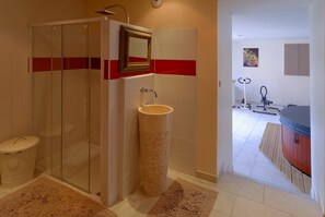 Enjoy a clean and contemporary bathroom with a glass-enclosed shower, standalone sink, and toilet.