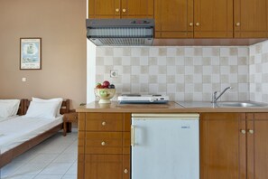 Fridge, stovetop, electric kettle, cookware/dishes/utensils