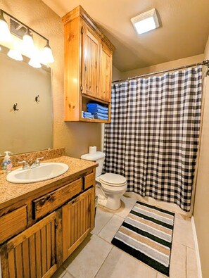 Hair dryer, towels, soap, shampoo