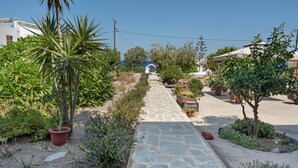 A stone pathway leading to a blue archway, surrounded by greenery and potted plants.
