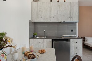 Kühlschrank, Herdplatte, Wasserkocher, Kochgeschirr/Geschirr/Besteck