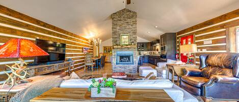 Televisión, chimenea y libros