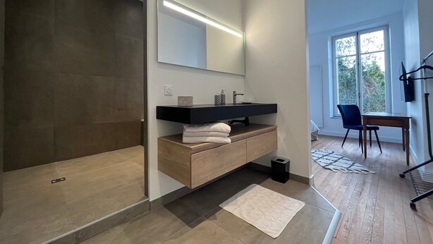 A modern bathroom with a glass shower enclosure, a wooden vanity with a black countertop, and a large mirror. - Apartment 'L'aristide' with Private Terrace, Balcony and Wi-Fi (EPINAL)