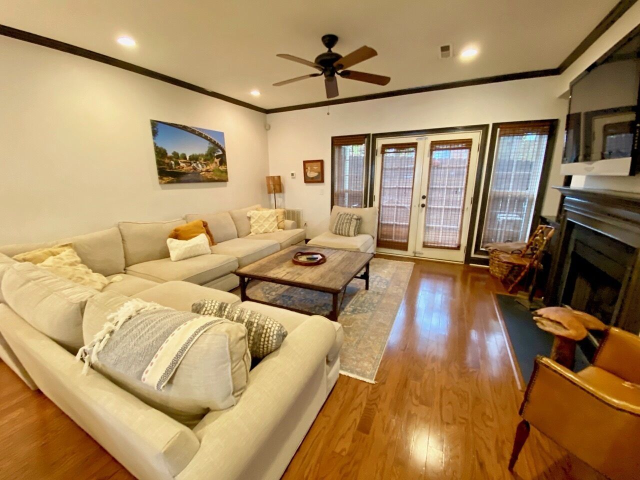 Smart TV, fireplace, books