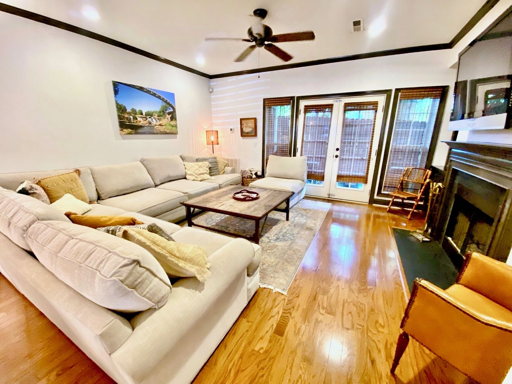 Smart TV, fireplace, books
