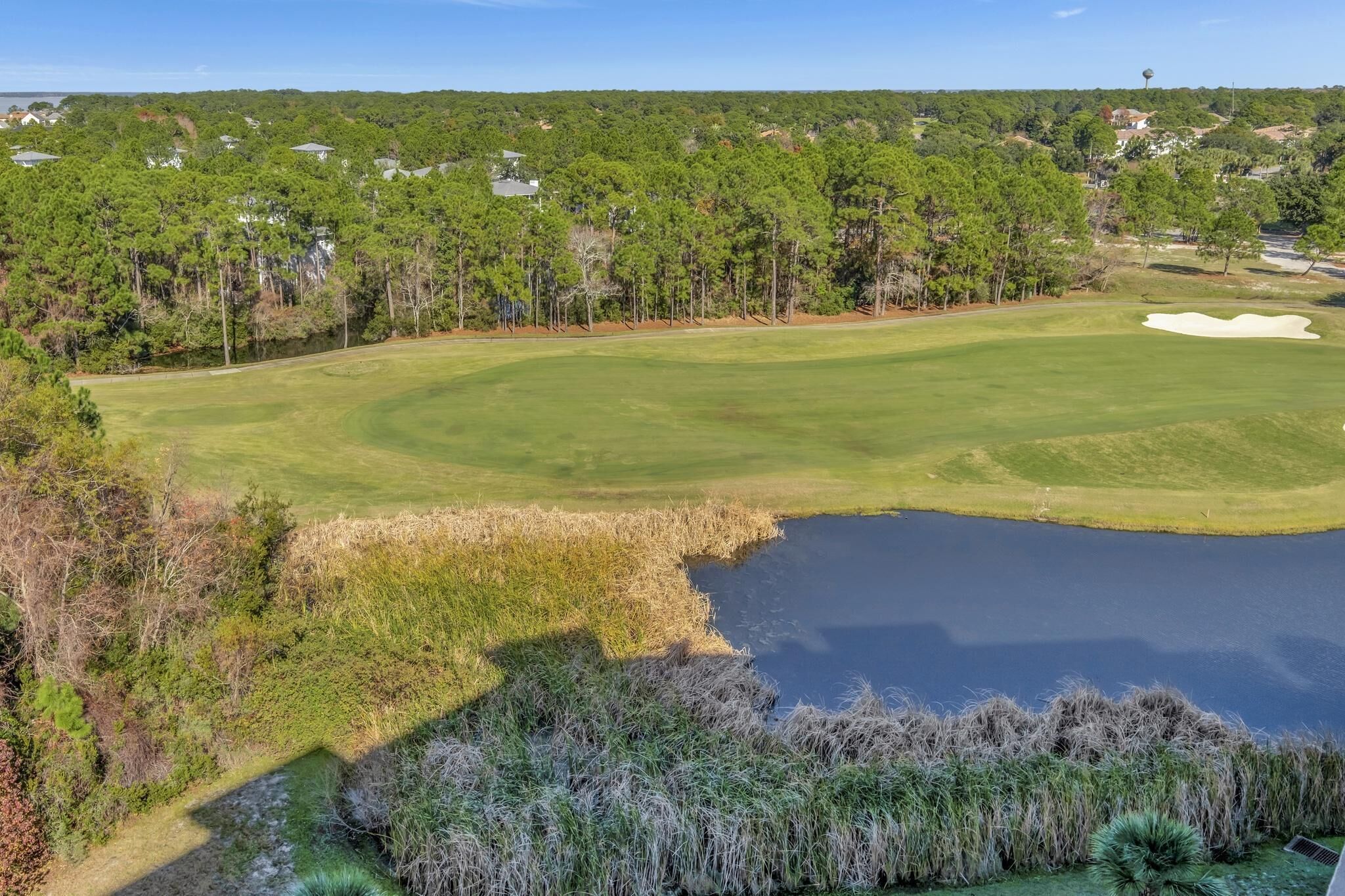 A golf course with a pond, surrounded by dense trees and residential buildings in the background.