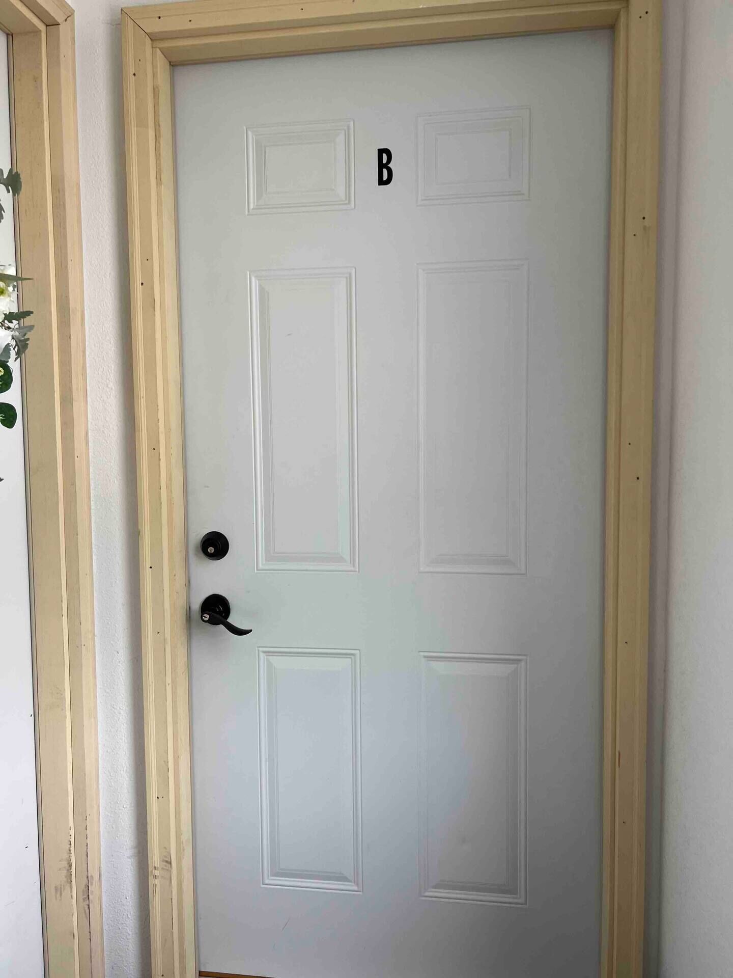 Una puerta blanca con marco de madera, un picaporte negro y la letra 'B' encima.