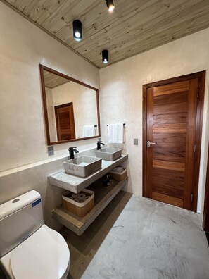 Hair dryer, towels, soap, toilet paper