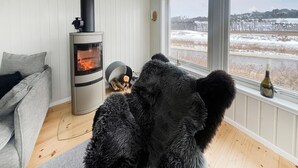 Een knus interieur met een open haard, een grijze bank en een grote, behaarde hond die bij het raam zit.