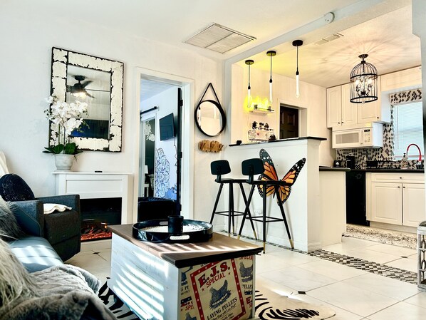 Smart TV, fireplace, books