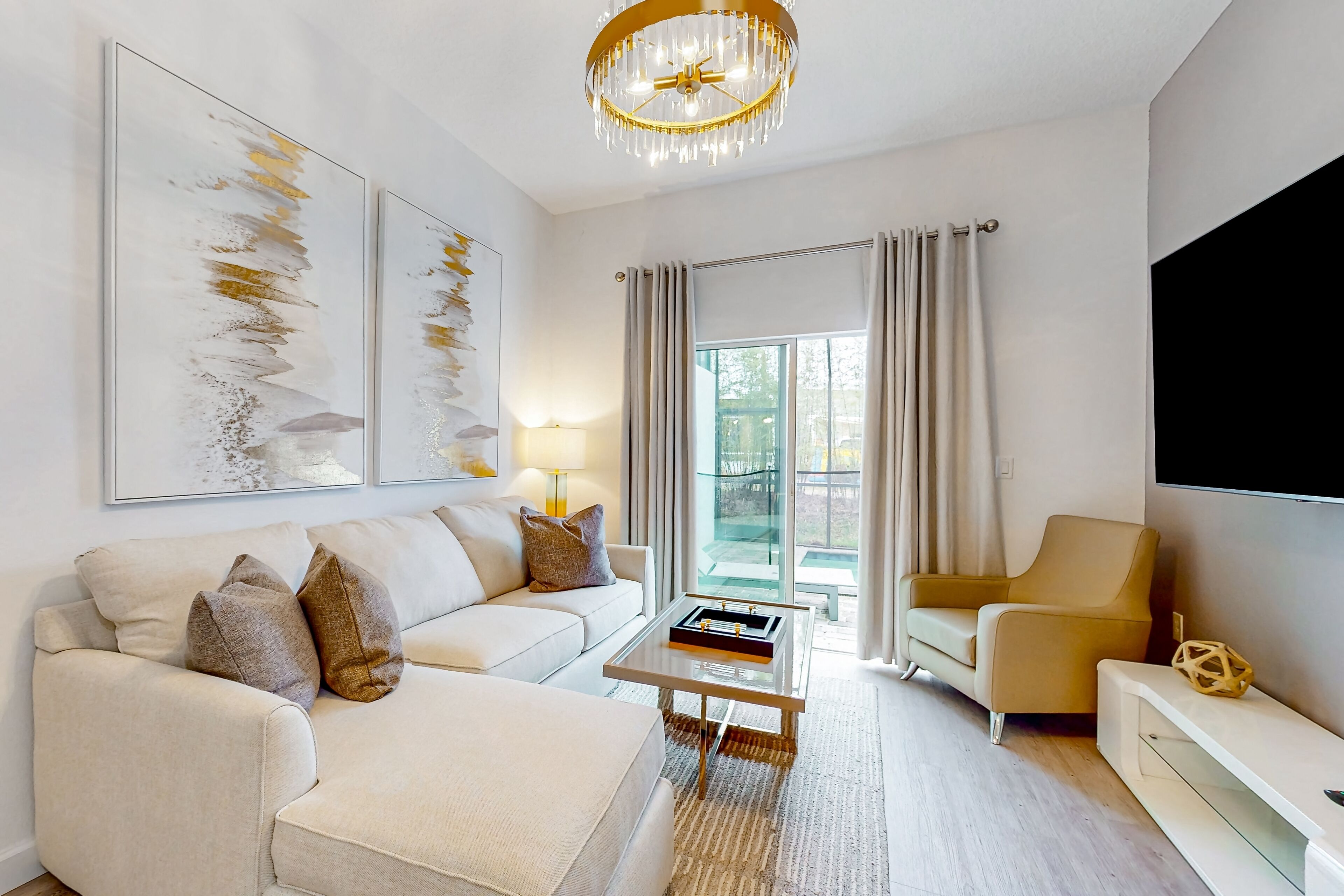 Dazzling townhome with enclosed pool, open layout, marble finishes, AC, & W/D