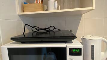 Fridge, microwave, electric kettle, toaster