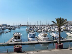 Boats of various sizes and types are docked at the marina.