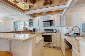 Fridge, microwave, oven, stovetop - Modern oceanfront home with scenic deck, grill, games, chef's kitchen, & W/D (Gloucester)