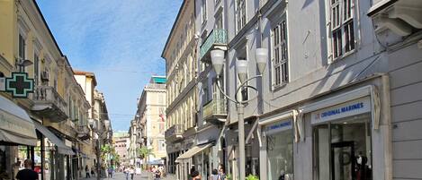 A street with buildings, shops, and pedestrians.
