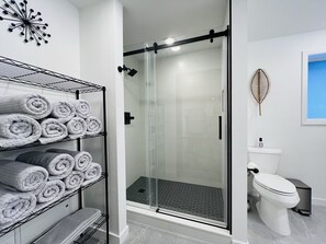 Dusche, Haartrockner, Handtücher, Seife
