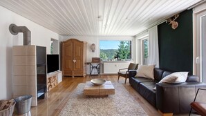 Ein Wohnzimmer mit Kamin, Sofa und Blick ins Freie.