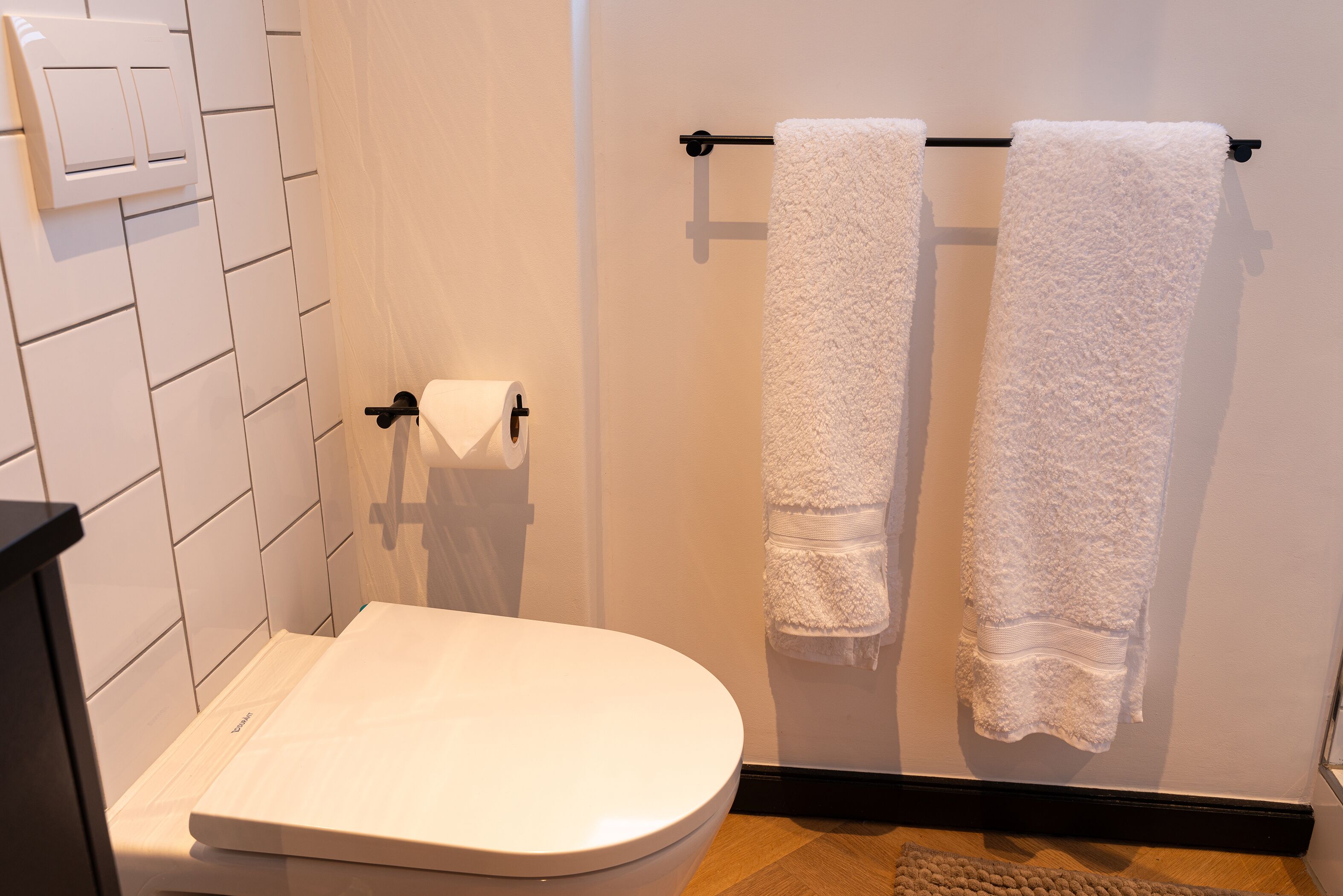 A bathroom with a white toilet, a towel rack with two towels, and a toilet paper holder.