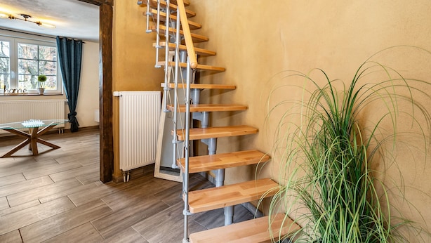 A wooden staircase with a metal handrail, a radiator, a glass table, and a large plant. - Half-Timbered Apartment 'Fachwerk' with Wi-Fi (Neustadt an der Weinstrasse)