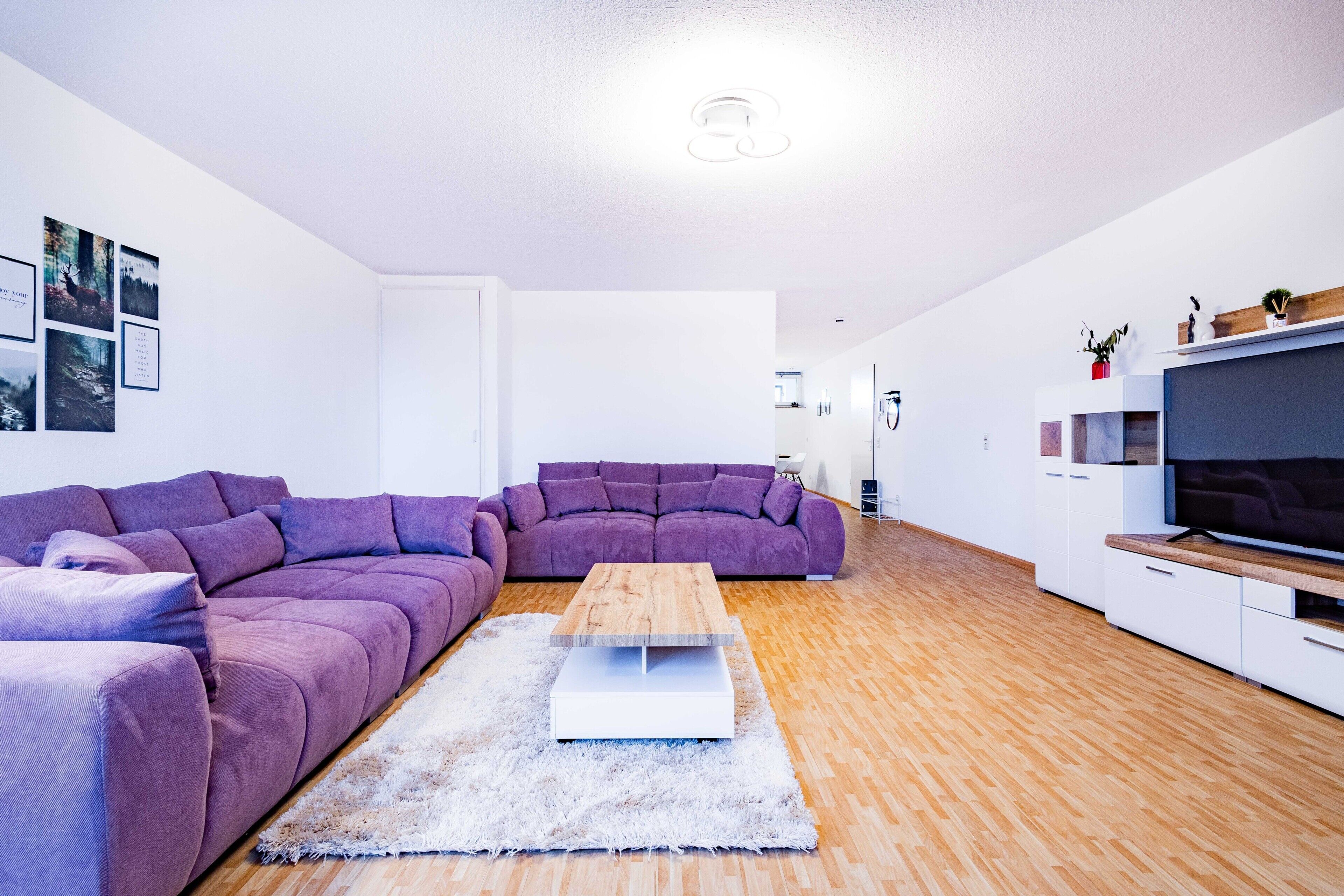 Een moderne woonkamer met een paarse modulaire bank, een houten salontafel en een flatscreen televisie op een houten dressoir.