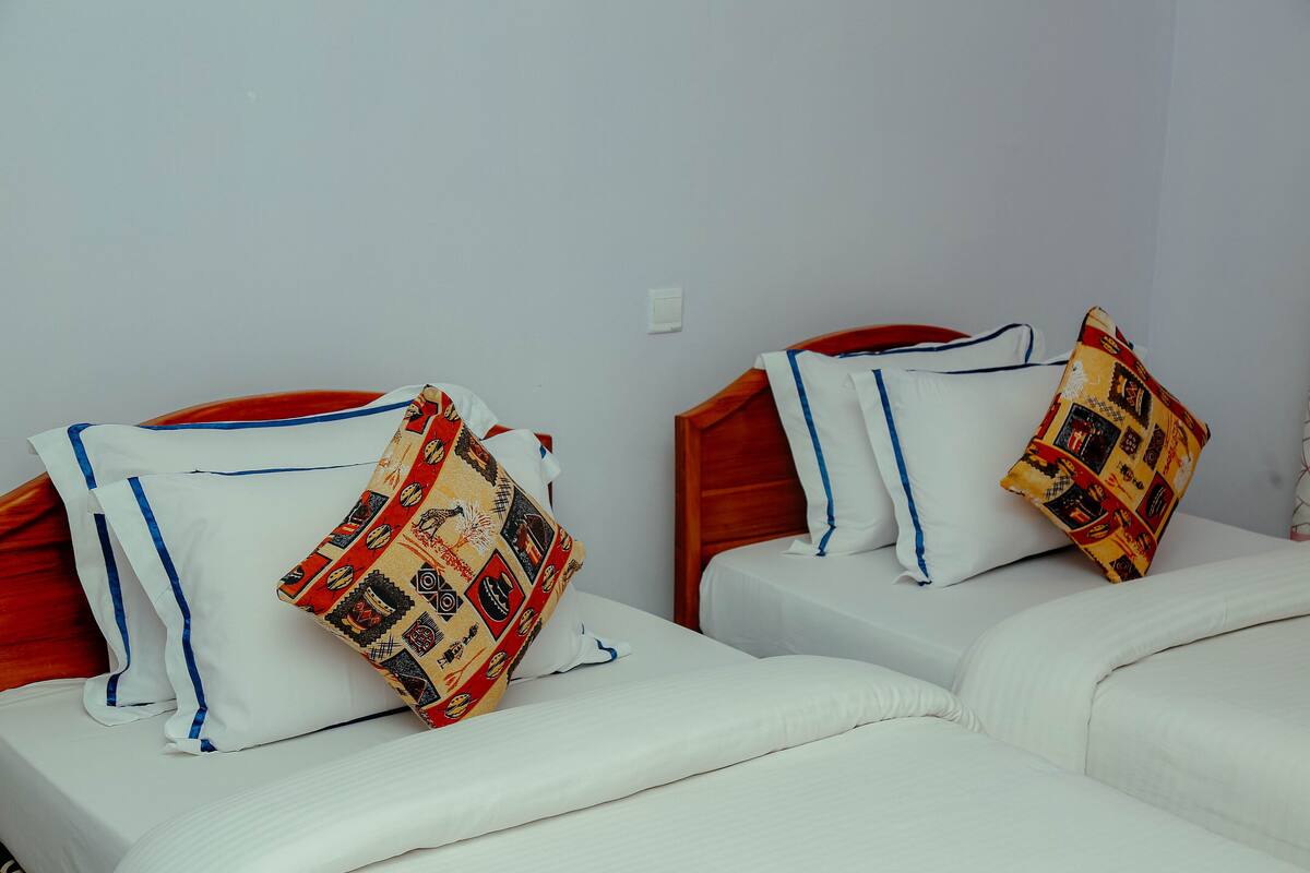 Two single beds with white bedding and colorful patterned pillows.