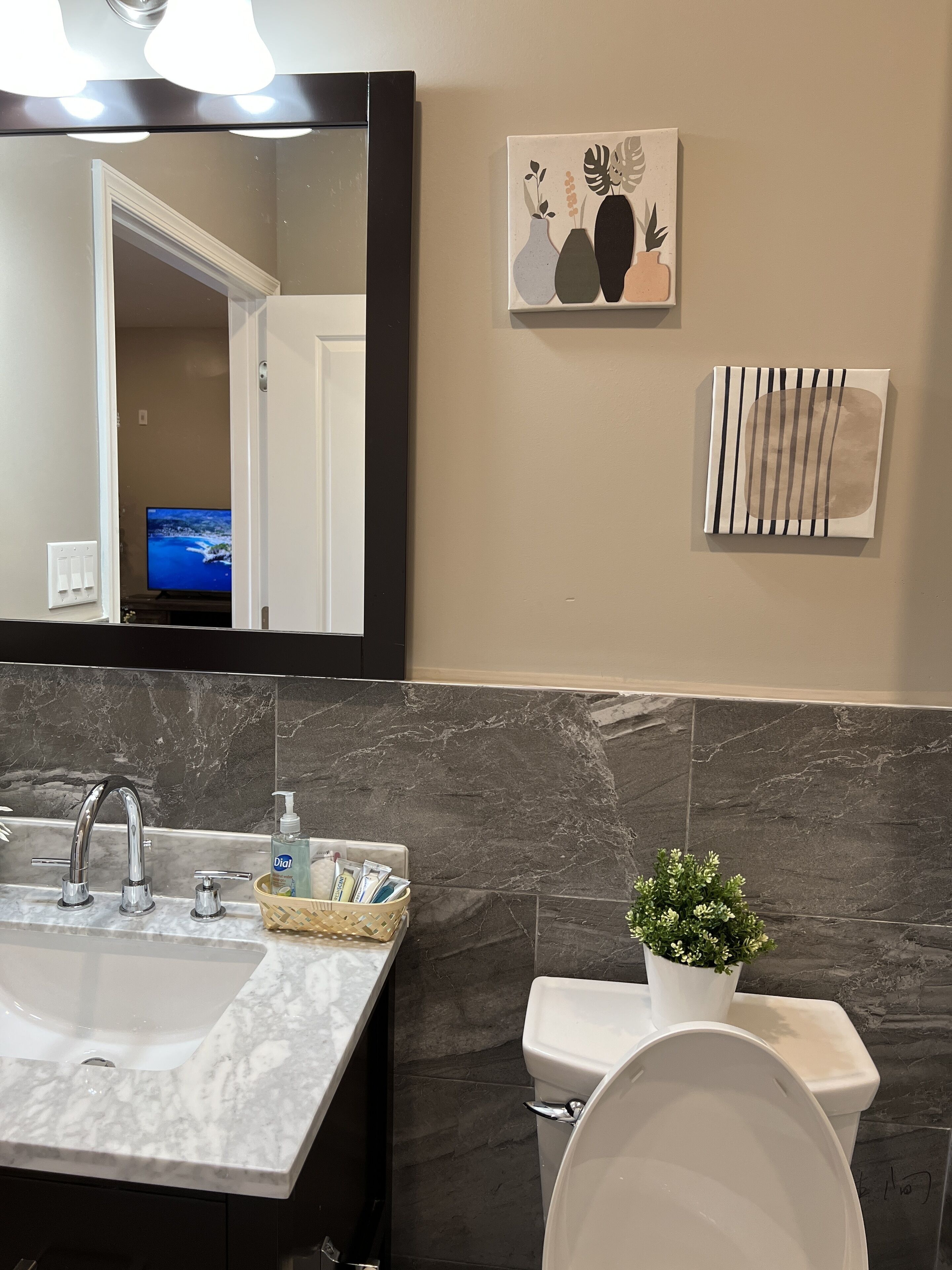 Ein Badezimmer mit Marmorwaschbecken, Toilette, einer Topfpflanze und einem Handtuchhalter an der Wand.