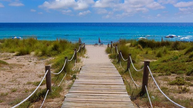 Una passerella in legno che conduce a una spiaggia, con vista libera sull'oceano.