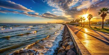 A coastal walkway with a rocky barrier, palm trees, and a sunset over the ocean.