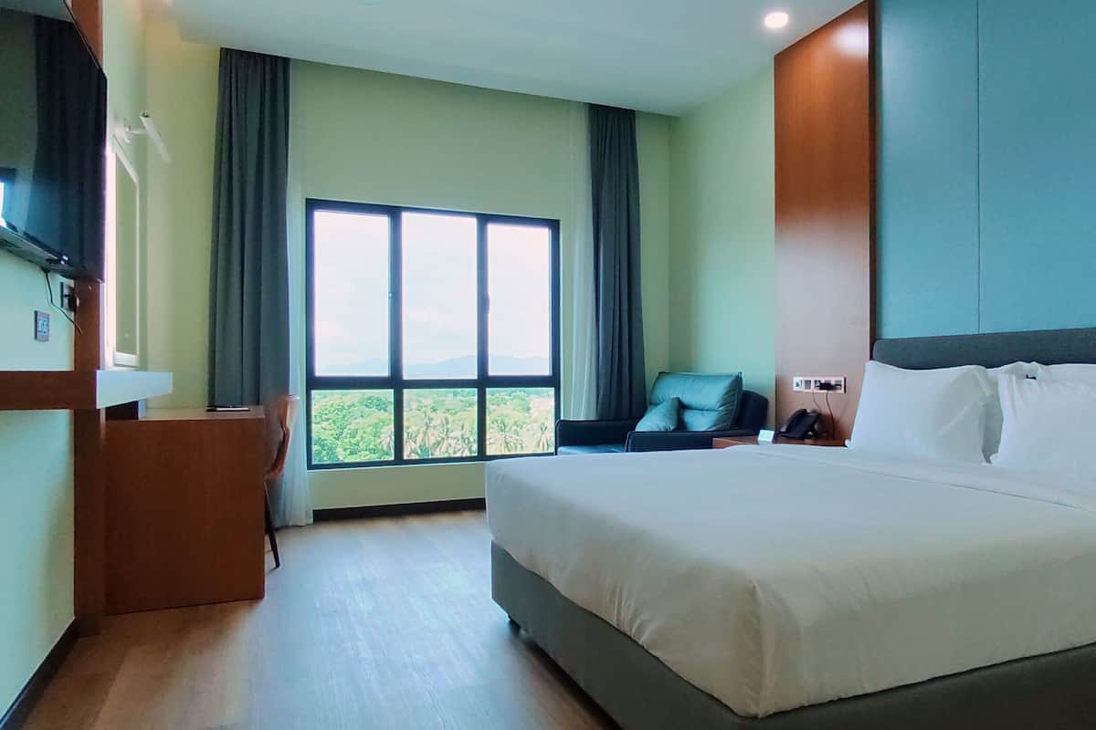 A hotel room with a large bed, a TV mounted on the wall, a desk, and a window with a view of greenery.
