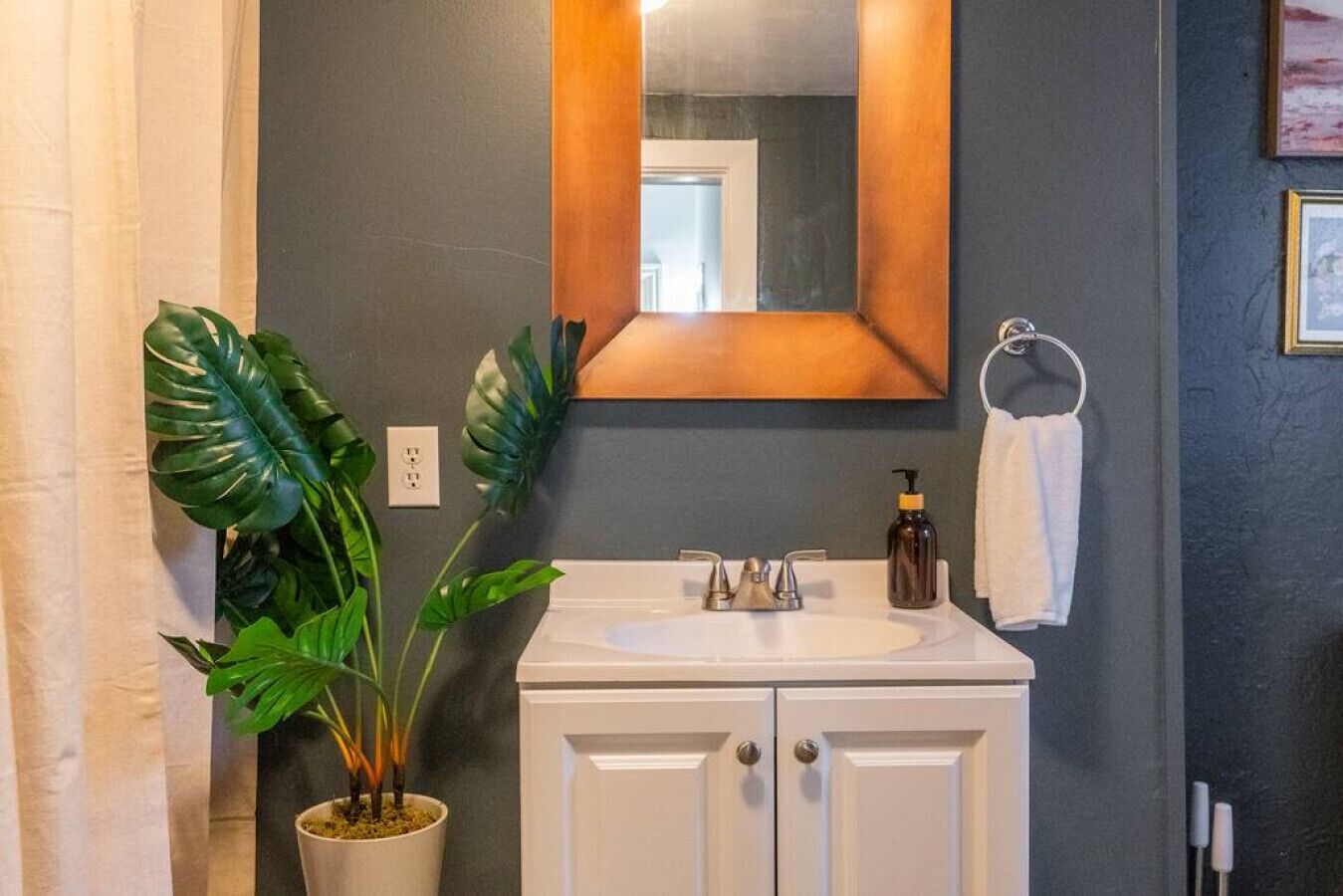 A bathroom with a white sink, a mirror, and a potted plant.