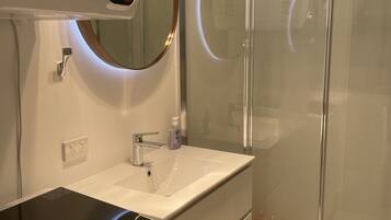 Shower, hair dryer, towels, toilet paper