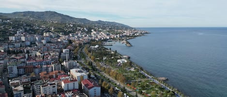 Vista aérea de una ciudad costera con un desarrollo urbano denso, un puerto deportivo y montañas al fondo.