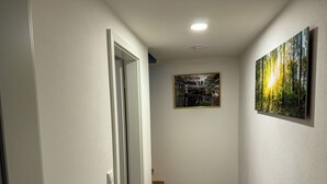 Un pasillo con piso de madera, una puerta blanca y un cuadro en la pared.