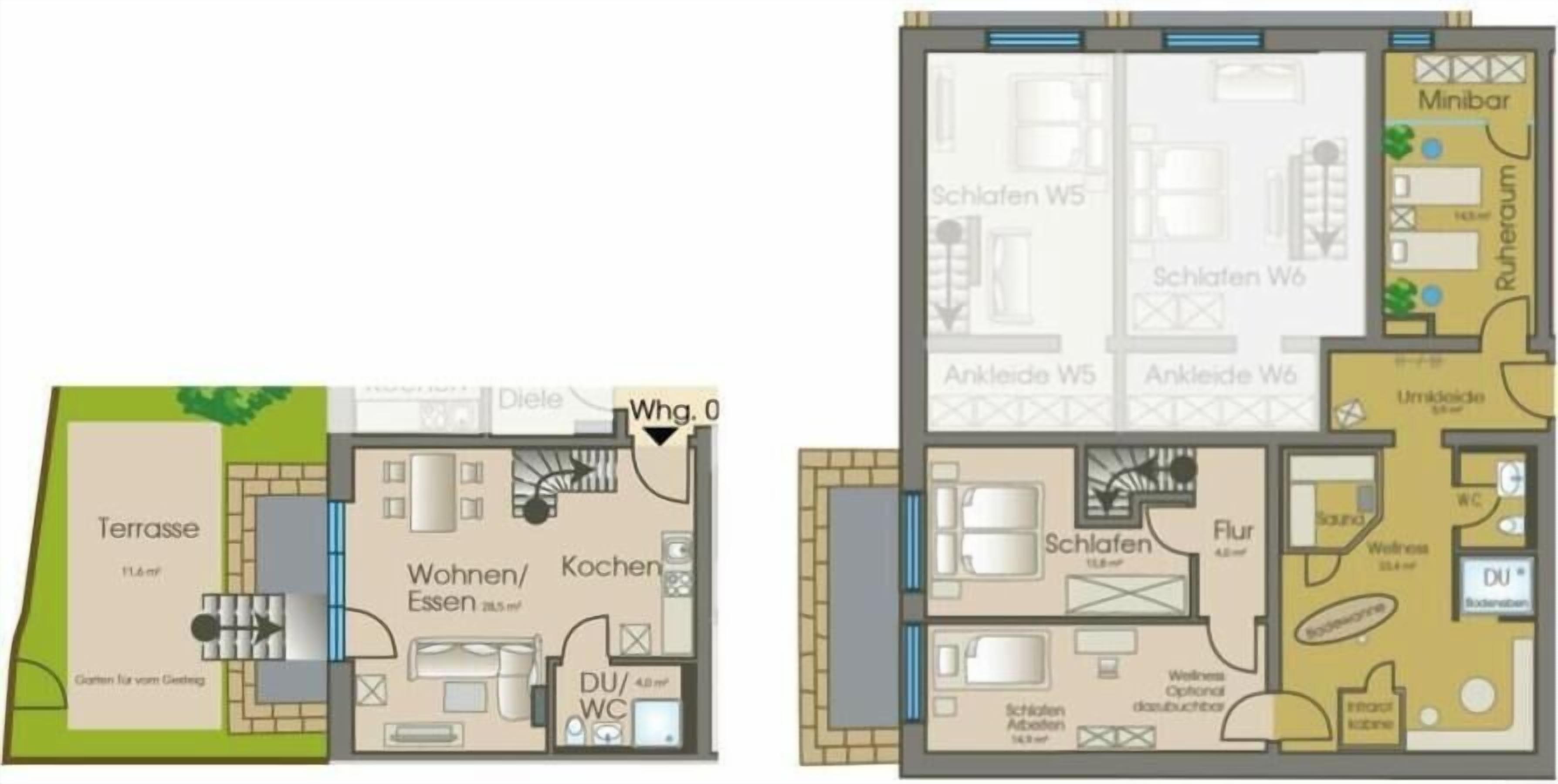 A hotel layout with a terrace, living/dining area, and multiple bedrooms.