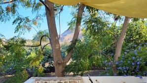 Un pati exterior amb una taula i cadires, envoltat de murs de pedra i arbres.