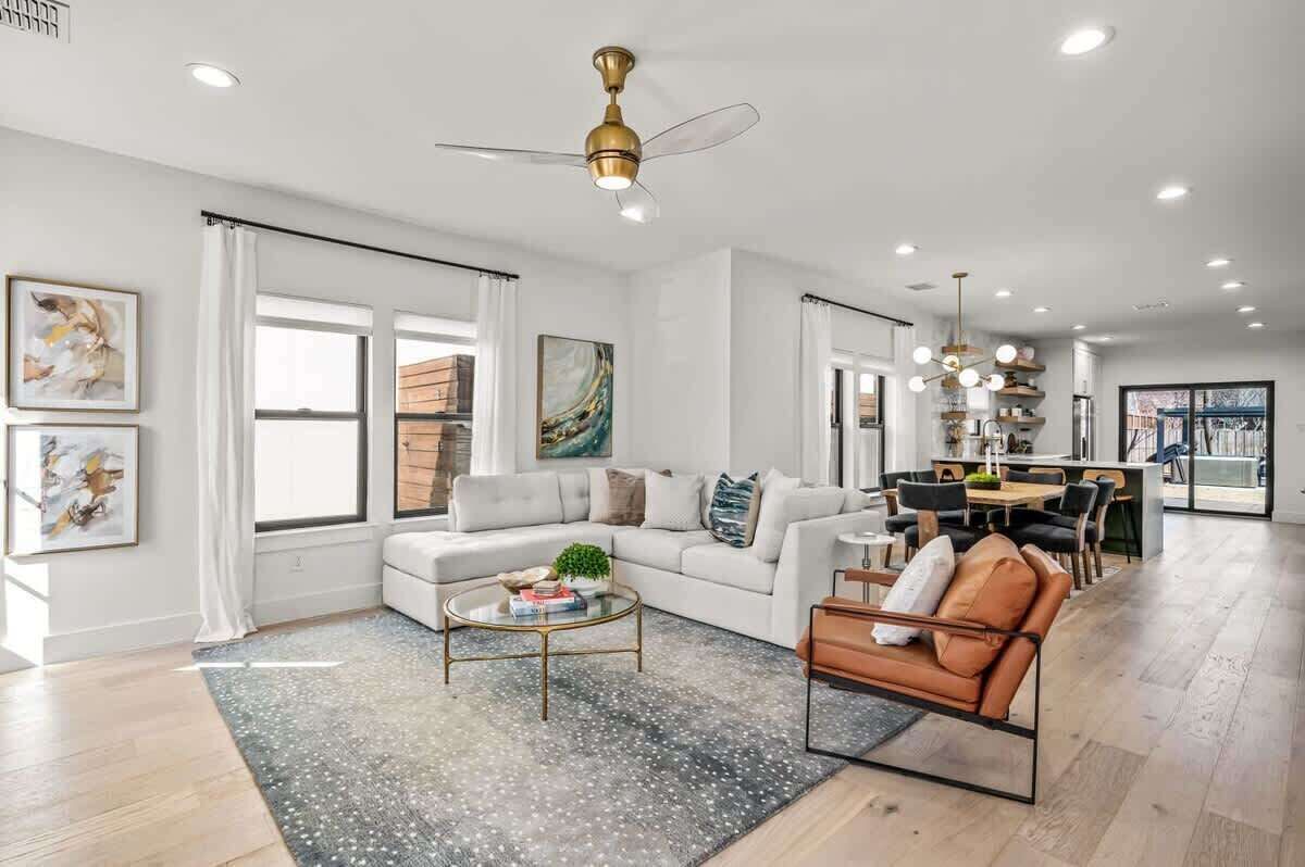 TV, fireplace, books, offices