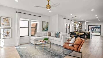 TV, fireplace, books, offices