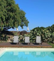 Un área junto a la piscina con tres sillones reclinables a rayas, un muro de piedra y un gran árbol.